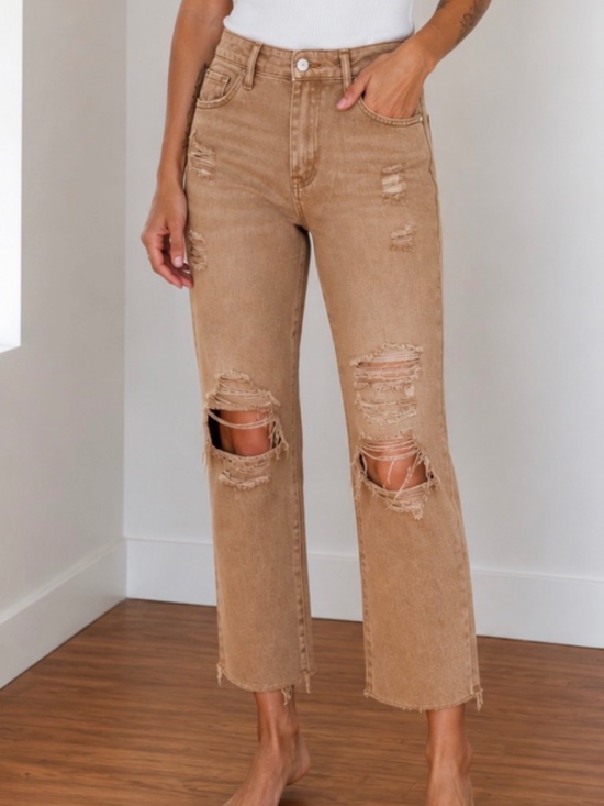 Vervet Denim - VERVET Distressed Cropped Straight Leg Jeans Women’s 25 x 26 High Rise Camel Tan